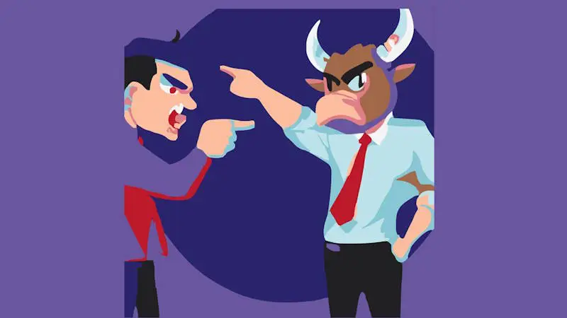 Angry office bully having an argument with a colleague