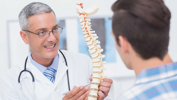 A doctor using a model of a bent spine to explain a spinal injury to a patient after a motor accident