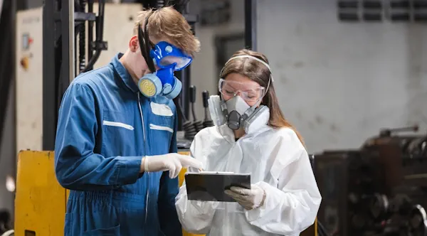 Male and female employees wearing protective gear, illustrating the importance of workplace safety