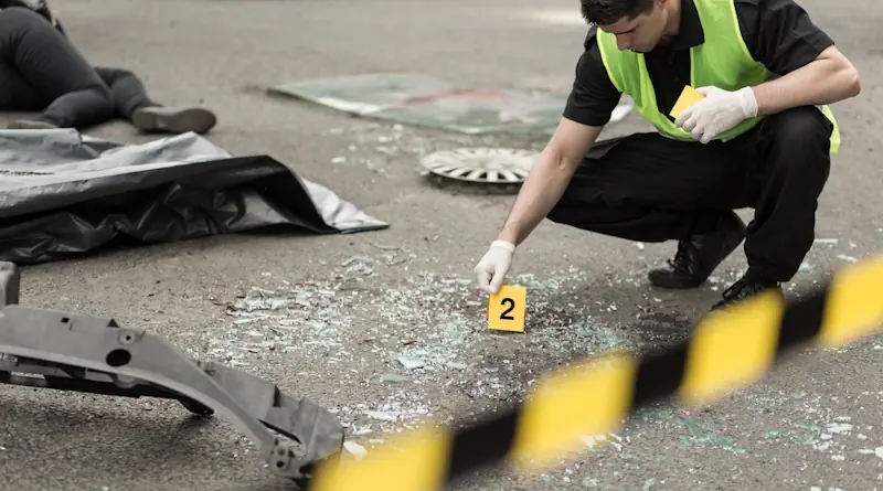 A policeman collecting evidence at the accident scene
