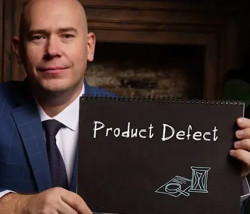 A lawyer who helps people seek compensation for a defective product holding a sign saying: product defect